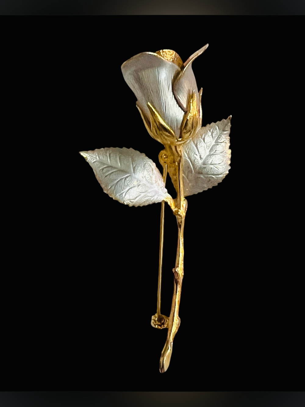 Goldtone Silvertone Frosted Rose Brooch Pin